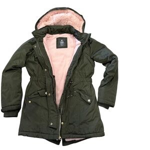 Kids Olive Green Puffer Jacket with Pink Lining